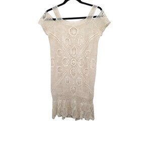 Handmade Crochet Off-White Short Sleeveless Dress Floral Pattern & Flared‎ Hem